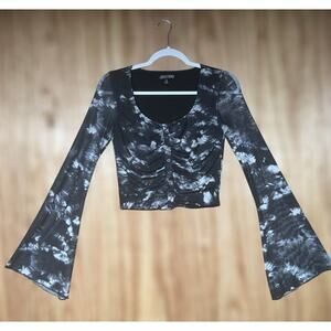 Current Mood Sz Small Black Mesh Bell Sleeve Ruched Button Front Top Grunge Goth